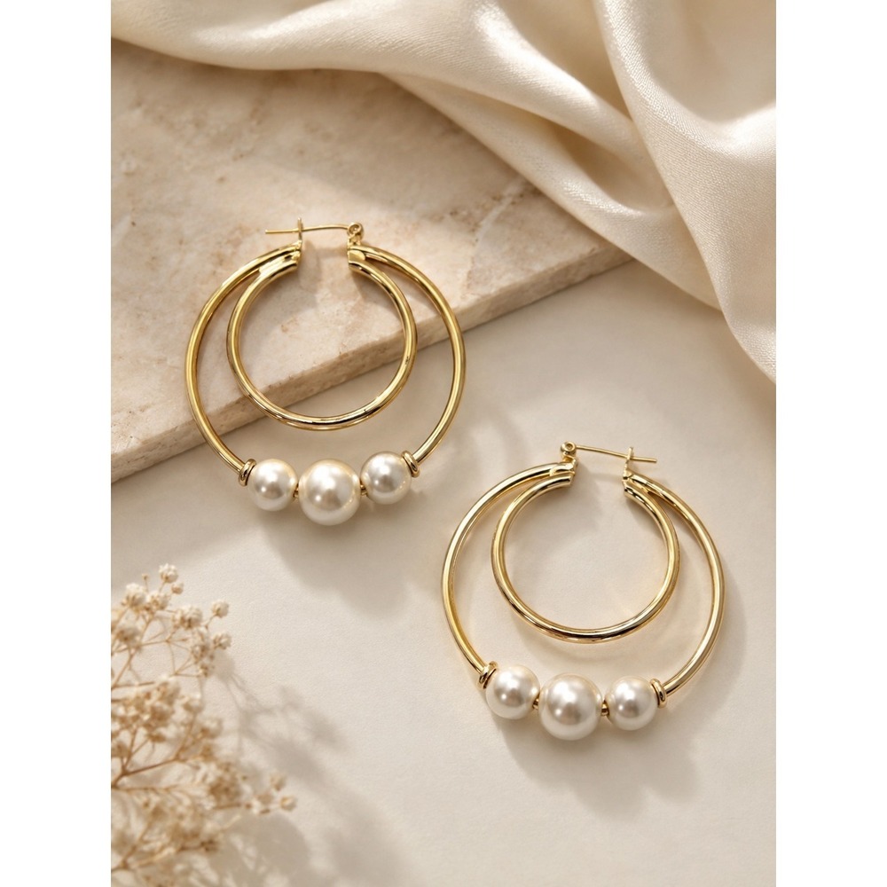 Gold Tone Hoop Earrings with White Pearl Beads Double Hoop Statement Fashion